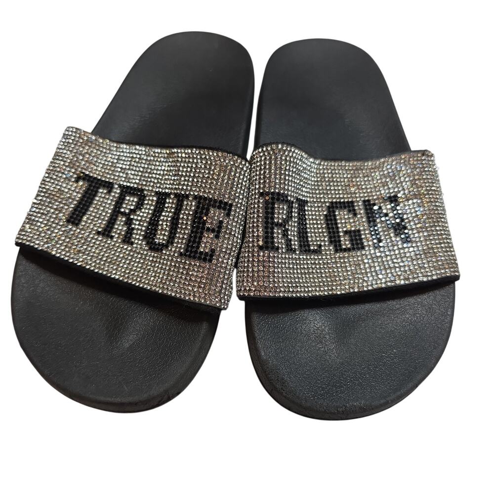 True Religion Women's Bling Rhinestone Black & Silver Slide Size 6